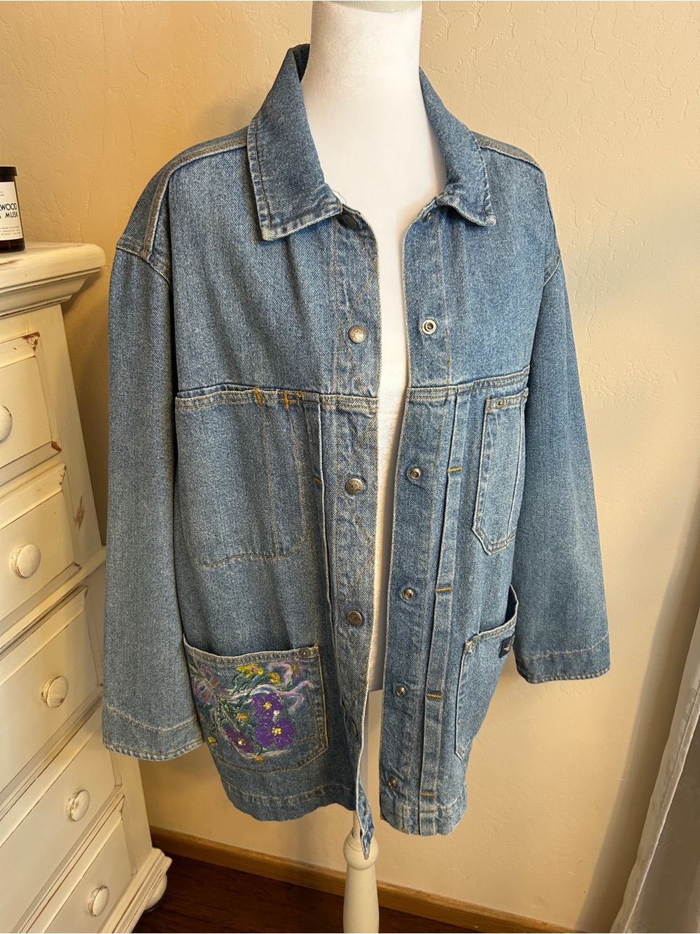 Vintage Dockers Denim Chore Jacket Hand Painted Floral Pocket Workwear Coat